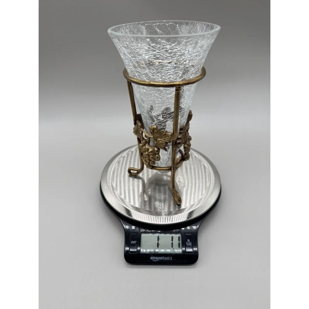 Vtg Pier 1 Hollywood Regency Crackle Glass Trumpet Vase Footed Brass Grape Stand